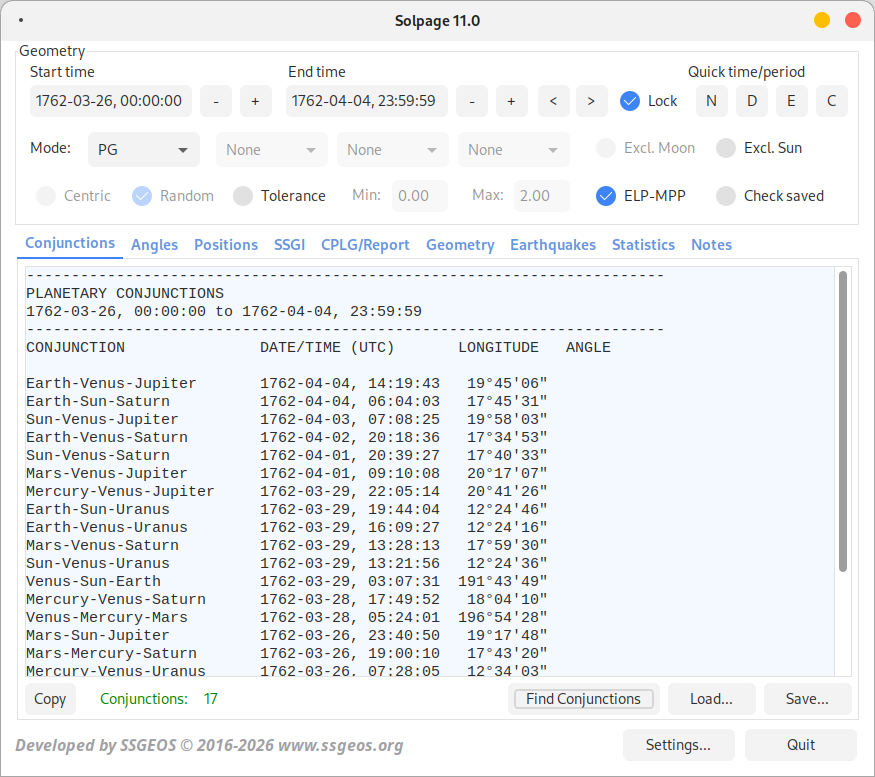 screenshot of Solpage version 11.0.8.428 Conjunctions tab