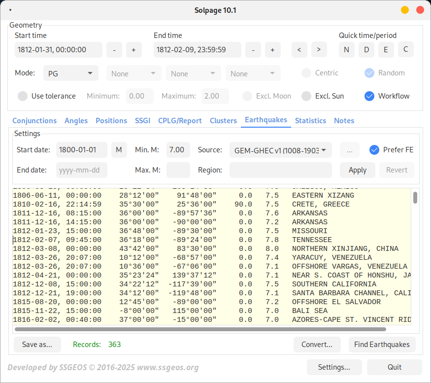 screenshot of Solpage version 10 earthquake tab