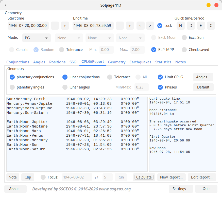 screenshot of Solpage version 11.1 CPLG/Report tab